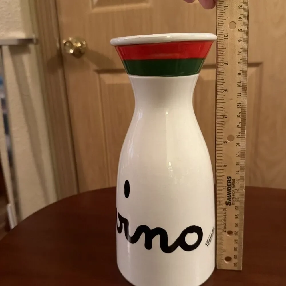 VTG Baldelli Ceramic Pitcher Carafe Vino White Red Green Stripe Wine. Italy. 10”